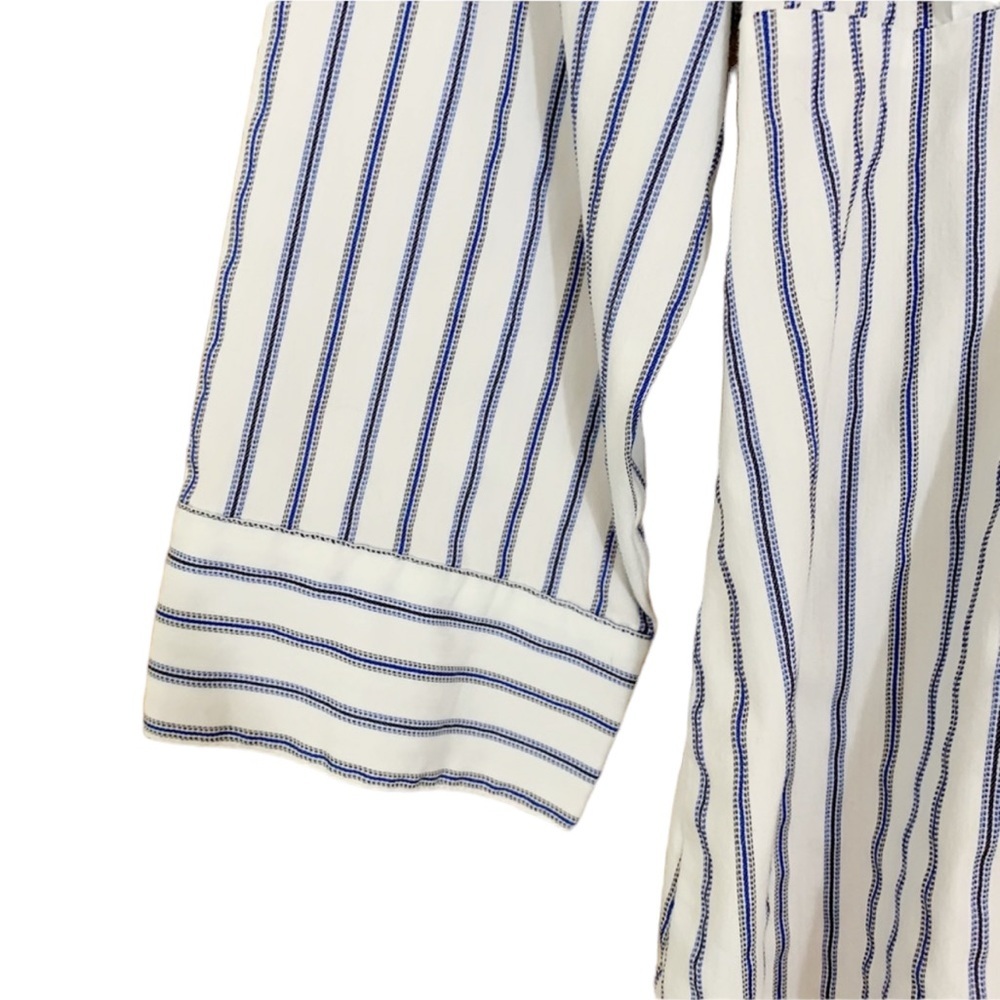 Spense White Blue Pinstripe Ruffle Button Front Blouse Elbow Sleeve - Picture 3 of 5
